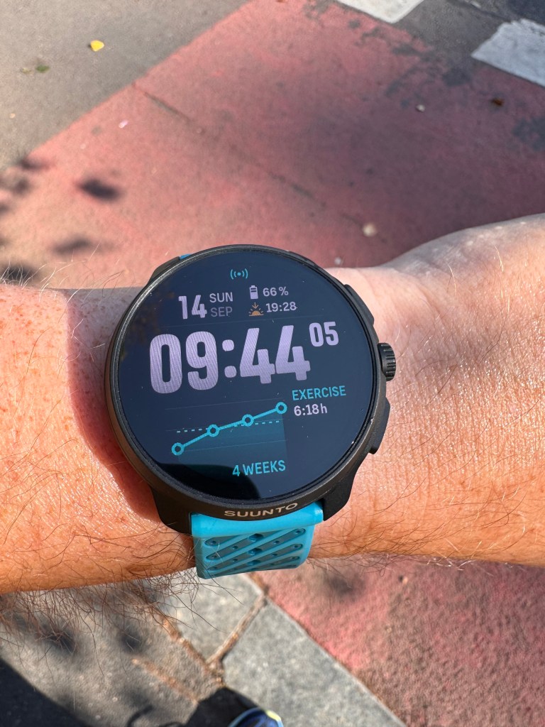 Close-up of a Suunto smartwatch displaying the time as 09:44, date as Sunday, September 14, battery percentage at 66%, and exercise data indicating 6 hours and 18 minutes over 4 weeks.
