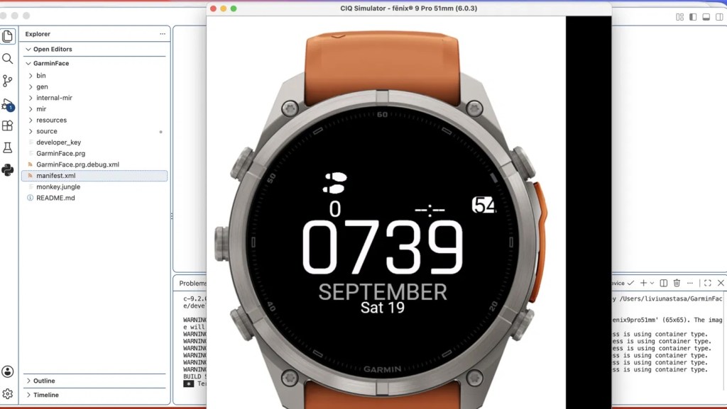 Screenshot of a CIQ (Connect IQ) Simulator displaying a Garmin watch face with the date 'September Sat 19' and the time '07:39'. The watch has a silver case and an orange band.
