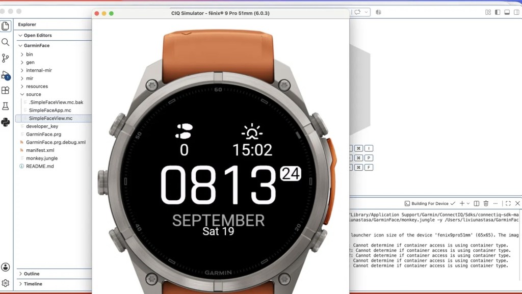 A screenshot of a Garmin Connect IQ Simulator displaying a smartwatch face with date and time. It shows 08:13, the date September 19th, and includes a sun icon, set against a dark background with a light grey bezel and an orange strap.